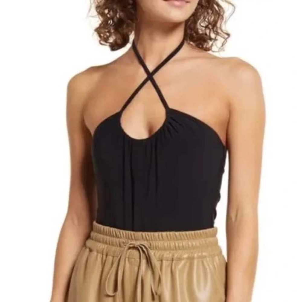 Open Edit Jersey Knit Thong Halter Bodysuit  XXS Black NWT‎